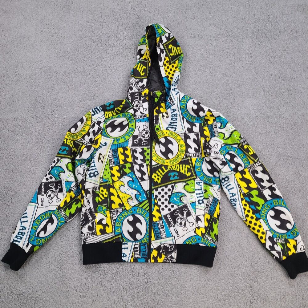 Billabong Jacket Mens Small‎ Windbreaker Mesh Liner All Over Graphics Hooded